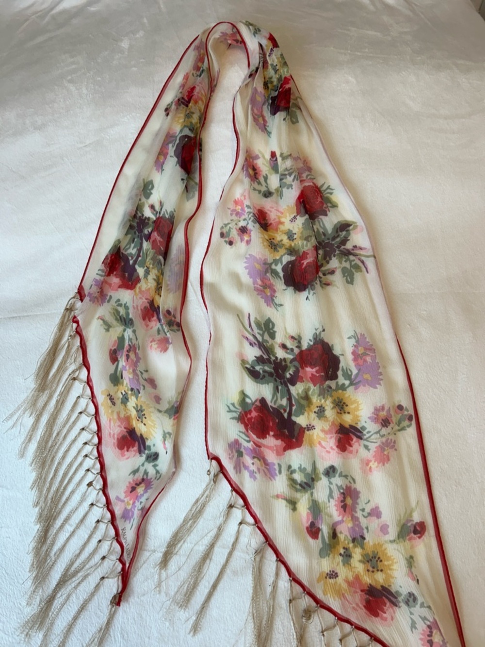 Ralph Lauren Silky Sheer Floral Scarf Fuschia Trim approx 60” long + tassels